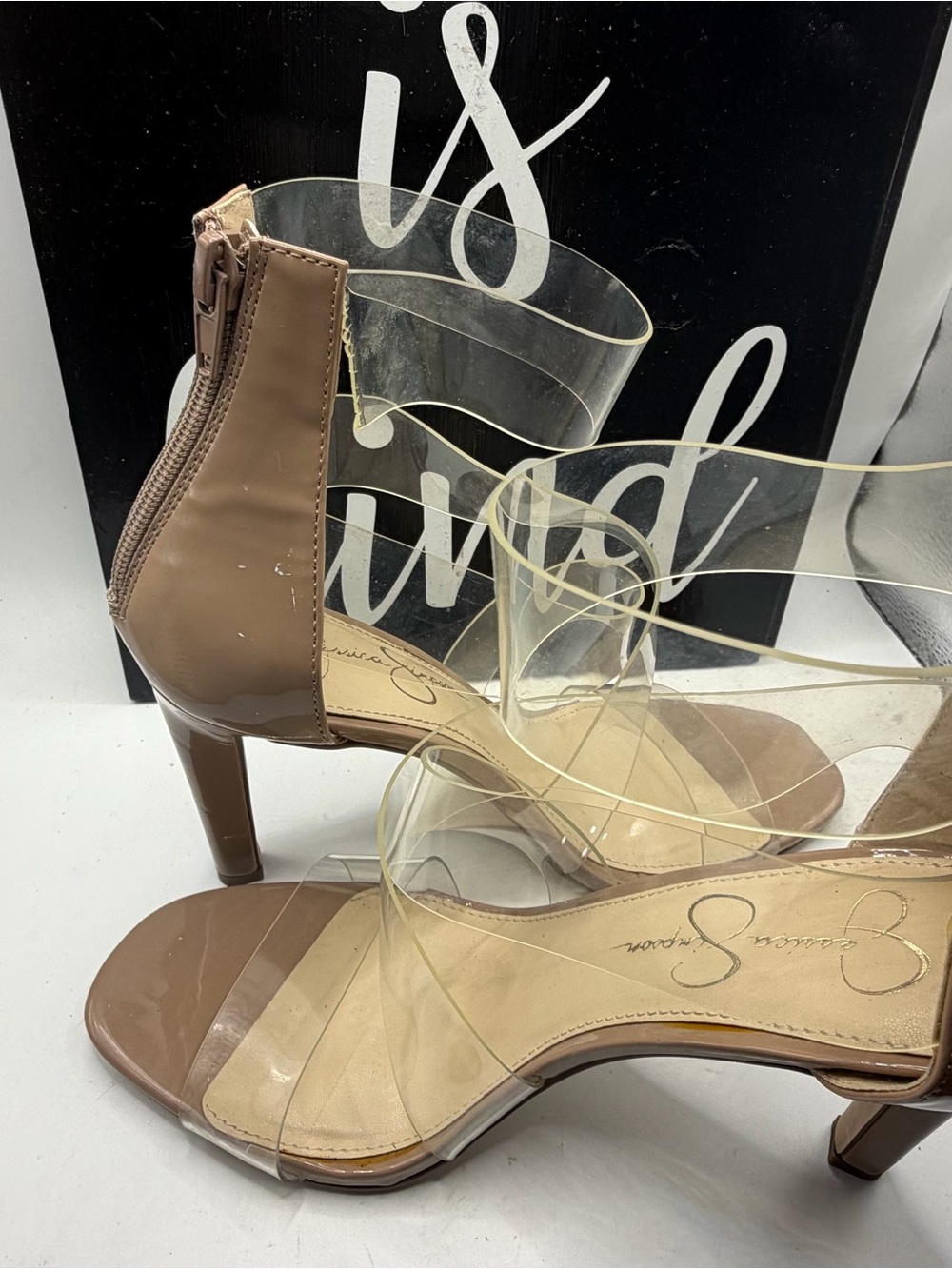 Jessica Simpson Jullry Nude Clear-Strap Mid Heel Sandals